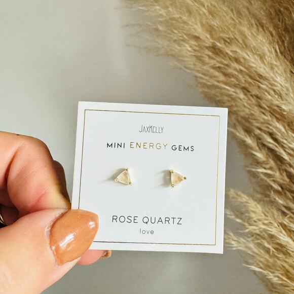 NEW ANTHROPOLOGIE JaxKelly Rose Quartz 18kt Triangle Stone Gemstone Stud Earring - Picture 1 of 7